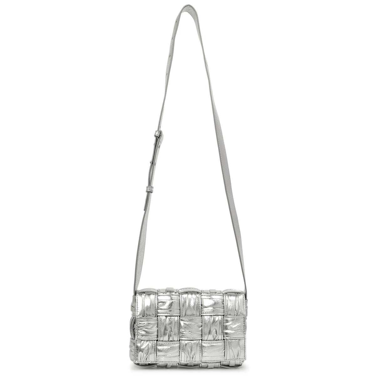 Bottega Veneta Metallic Silver Calfskin Intreccio Plisse Small Cassette Crossbody Bag Handbags Bottega Veneta