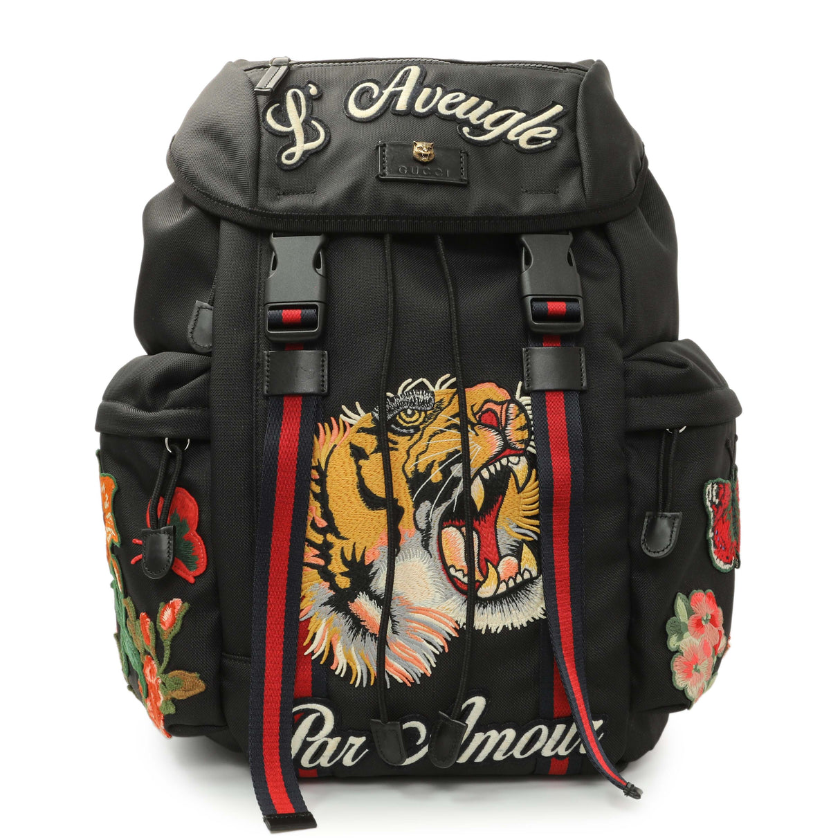 Gucci Techno Canvas Web L'Aveugle Par Amour Embroidered Double Buckle Backpack Handbags Gucci