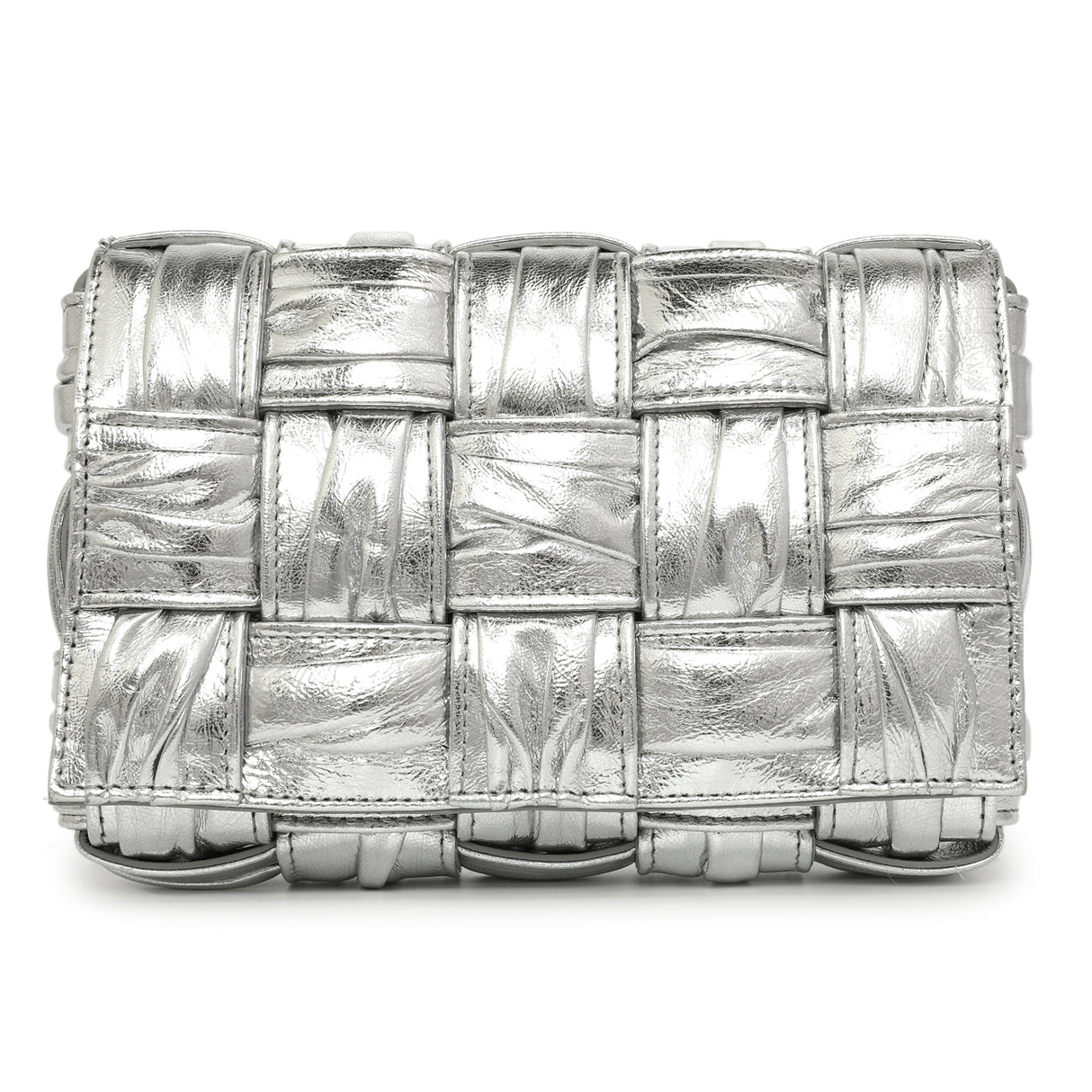 Bottega Veneta Metallic Silver Calfskin Intreccio Plisse Small Cassette Crossbody Bag Handbags Bottega Veneta