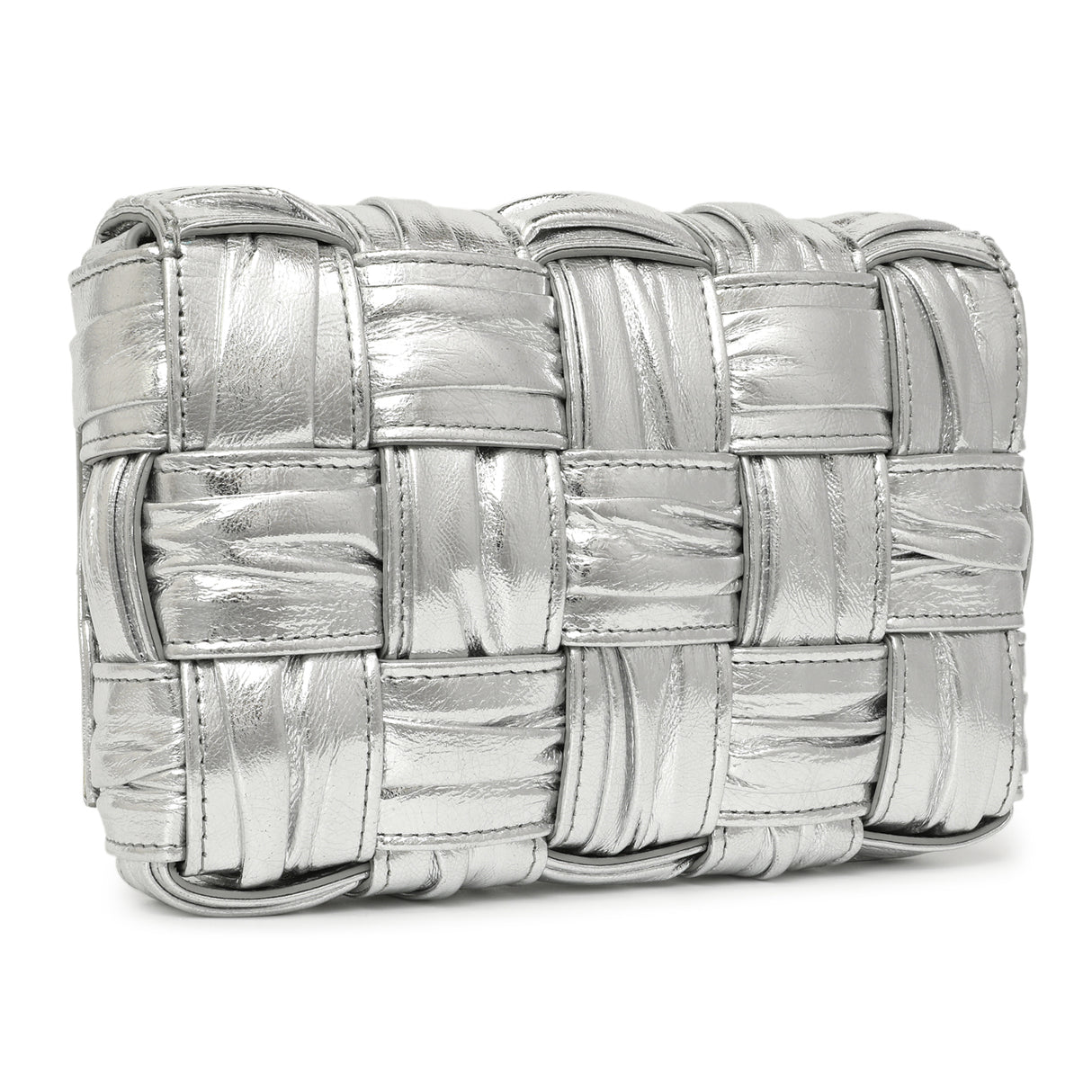 Bottega Veneta Metallic Silver Calfskin Intreccio Plisse Small Cassette Crossbody Bag Handbags Bottega Veneta