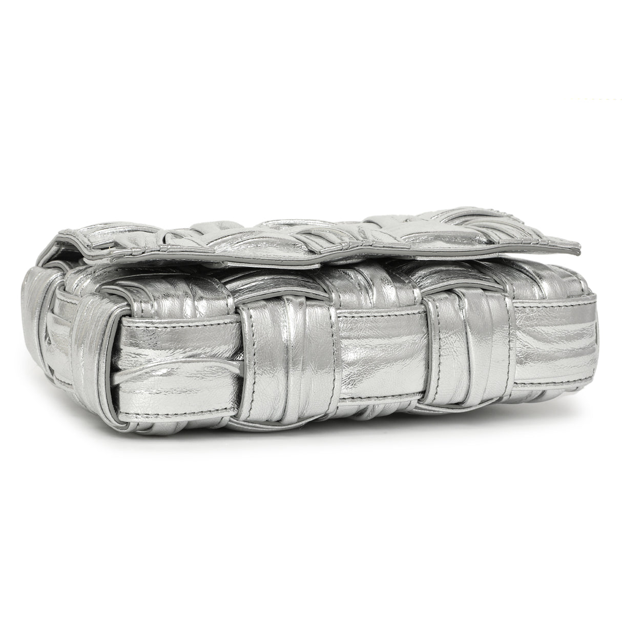 Bottega Veneta Metallic Silver Calfskin Intreccio Plisse Small Cassette Crossbody Bag Handbags Bottega Veneta