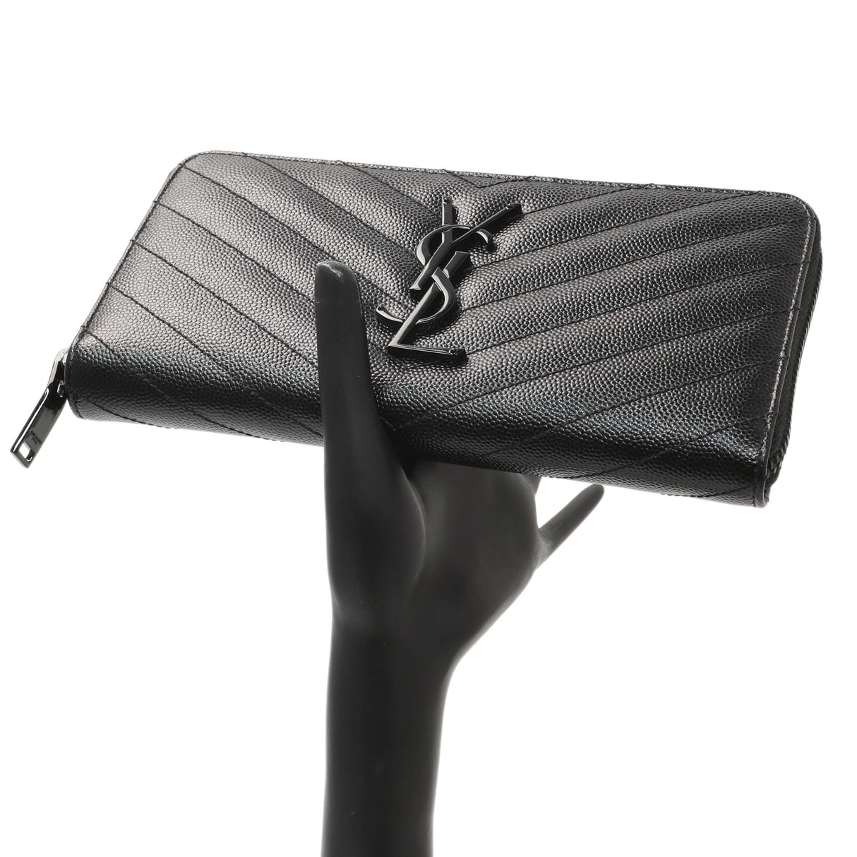 Saint Laurent Black Grain De Poudre Matelasse Chevron Monogram Zip Around Wallet Accessories Saint Laurent