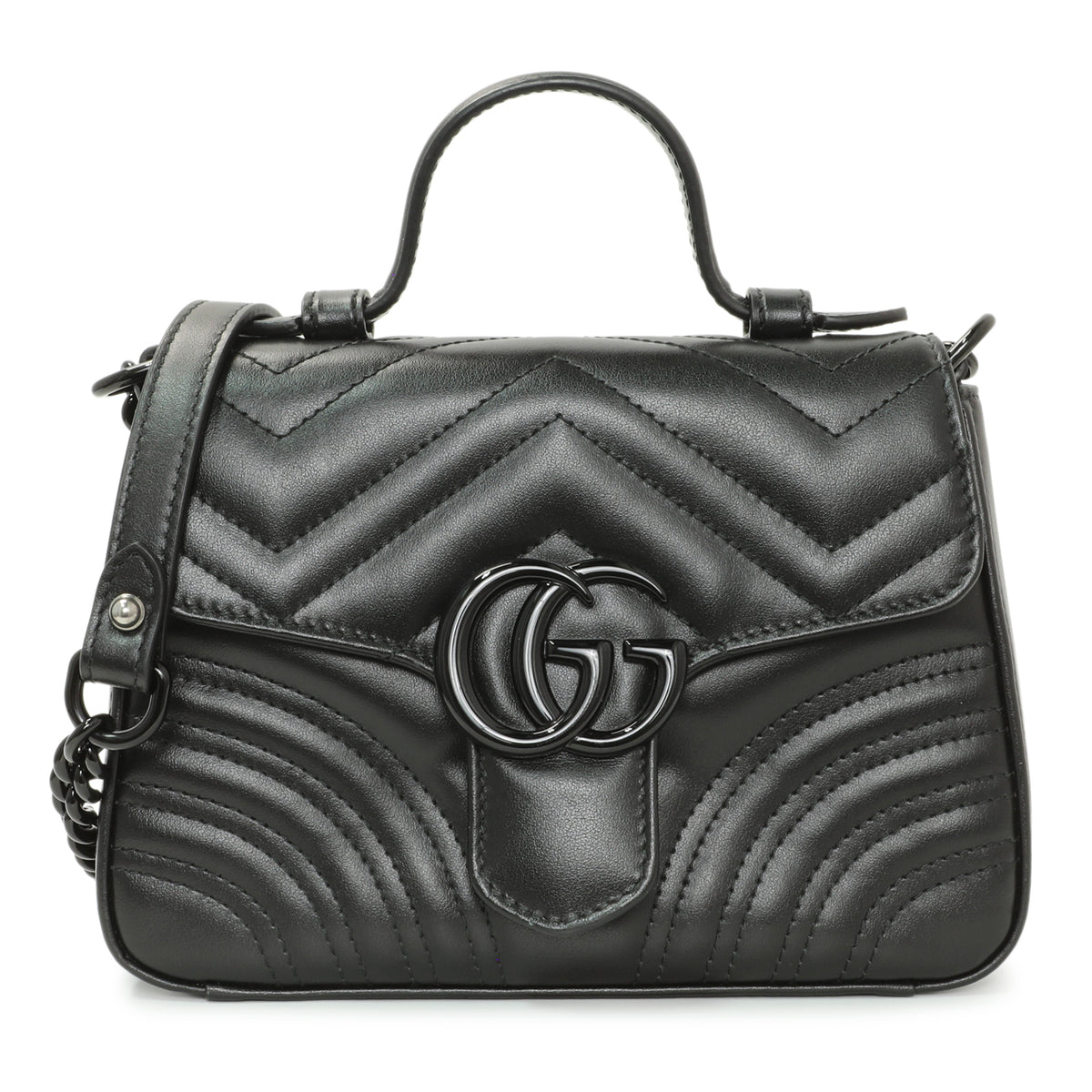 Gucci Black Calfskin Mini GG Marmont Top Handle Shoulder Bag Handbags Gucci