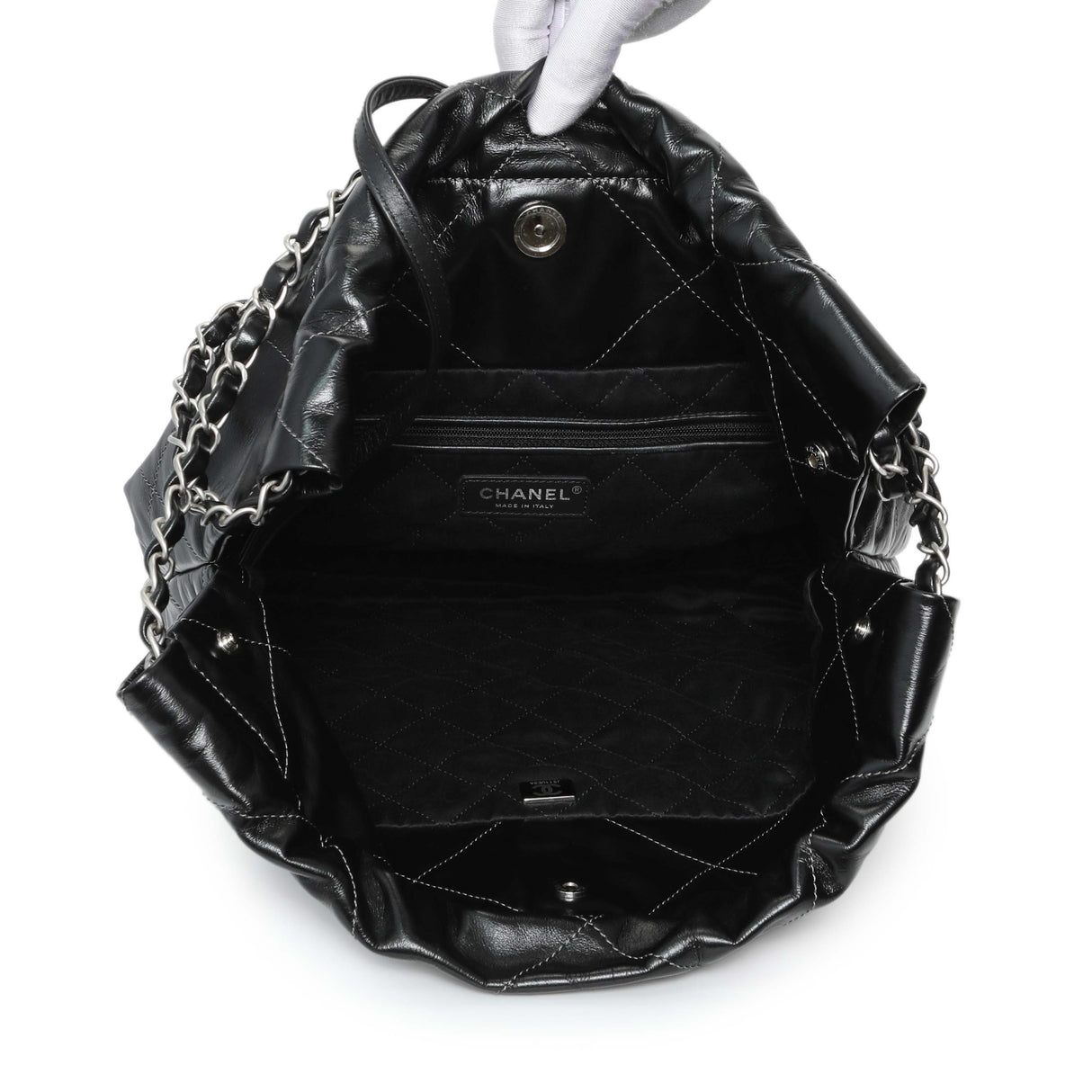 Chanel Black Silver Metallic Shaded Quilted Shiny Calfskin Small Chanel 22 Handbags Chanel