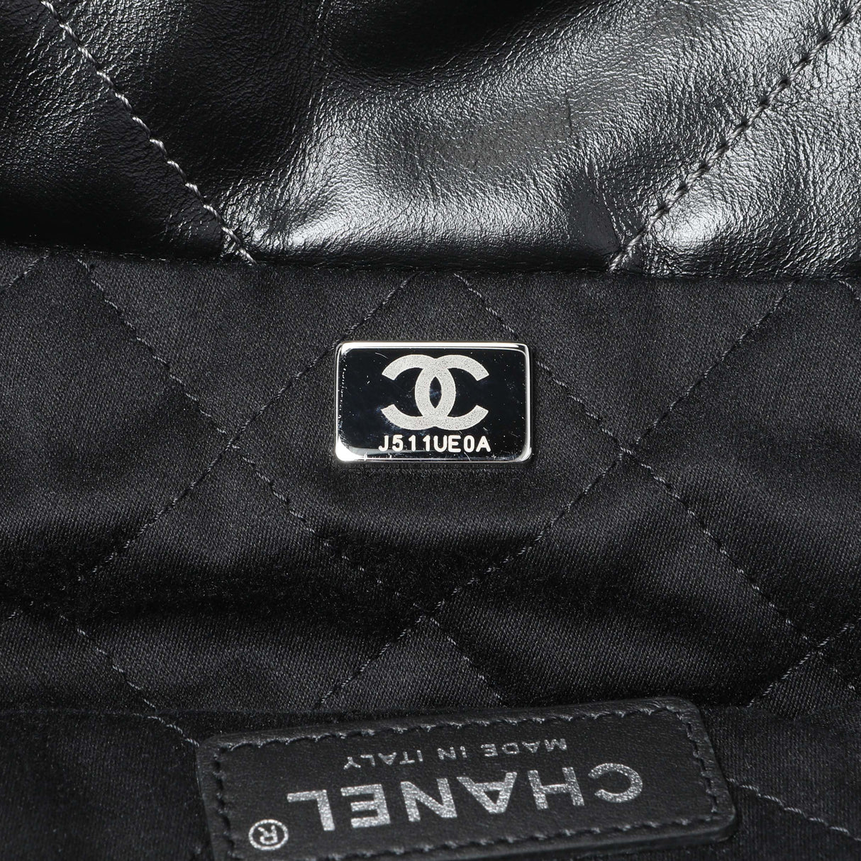 Chanel Black Silver Metallic Shaded Quilted Shiny Calfskin Small Chanel 22 Handbags Chanel