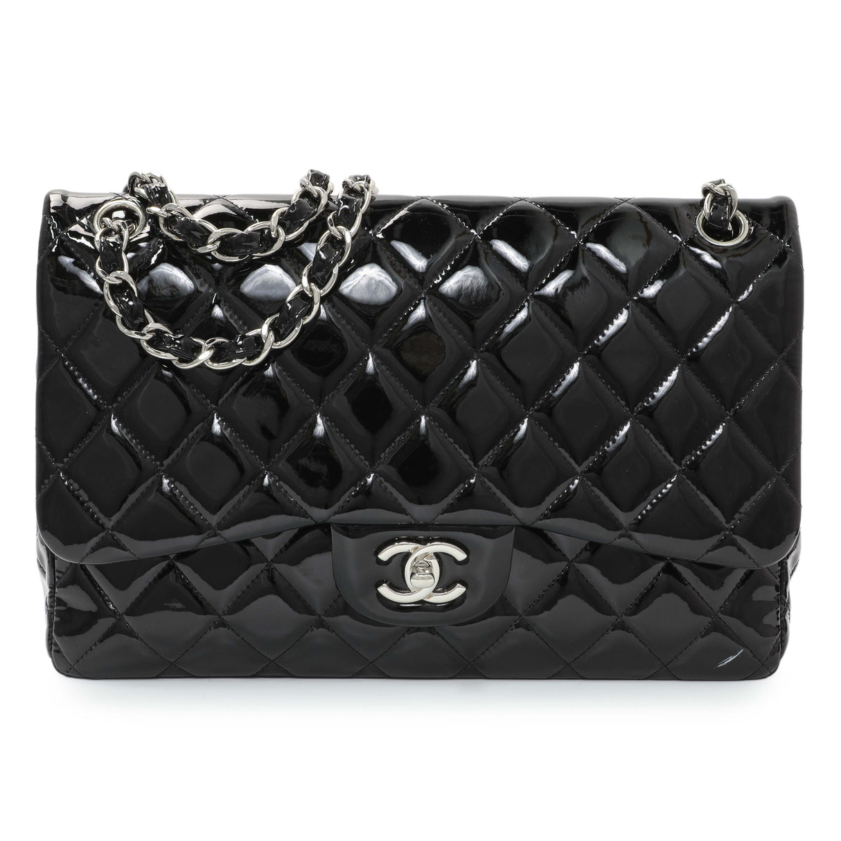 Chanel Black Quilted Patent Jumbo Double Flap Handbags Chanel