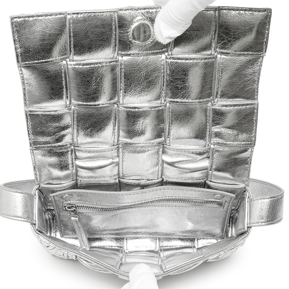 Bottega Veneta Metallic Silver Calfskin Intreccio Plisse Small Cassette Crossbody Bag Handbags Bottega Veneta