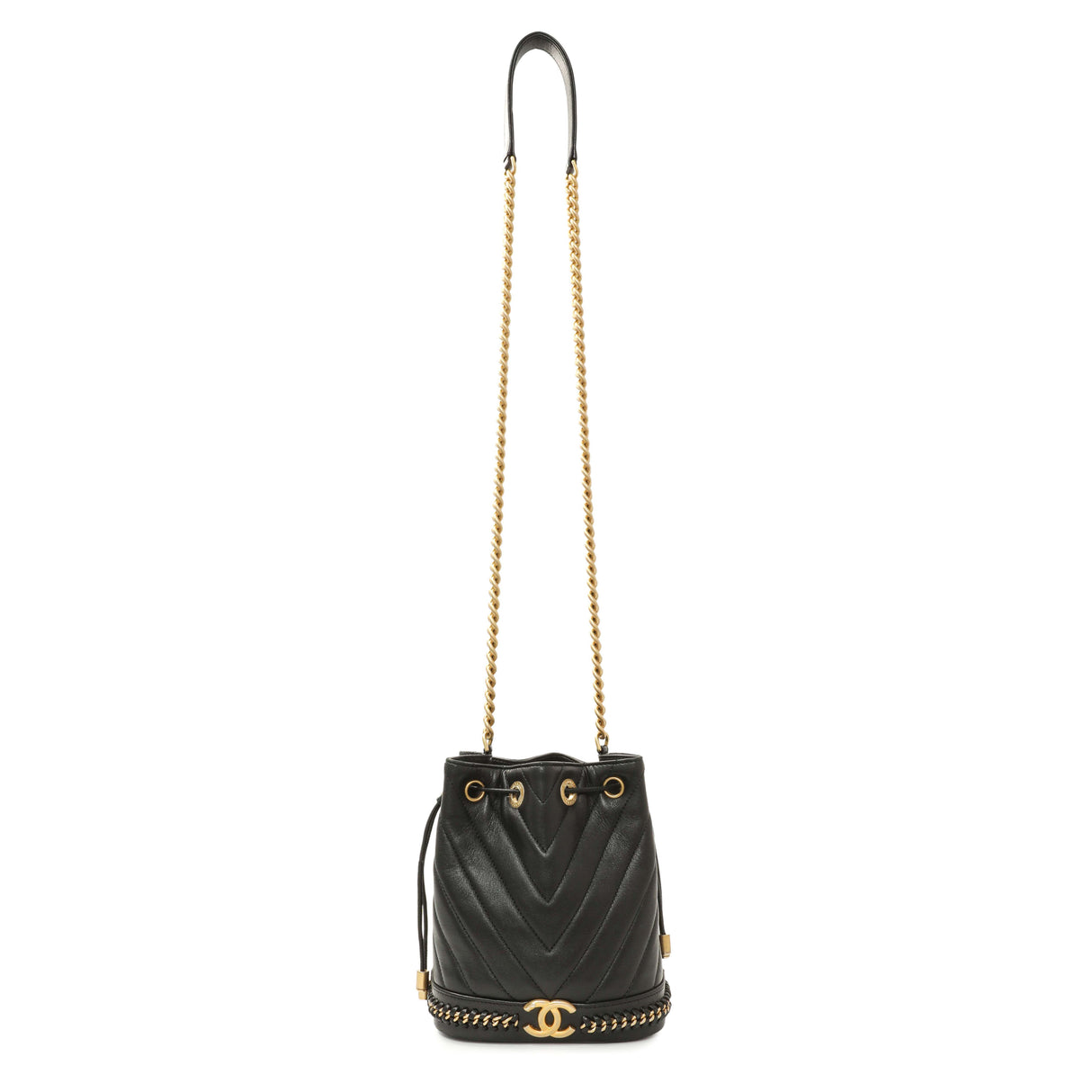 Chanel Black Sheepskin Chevron Quilted Drawstring Bag Handbags Chanel
