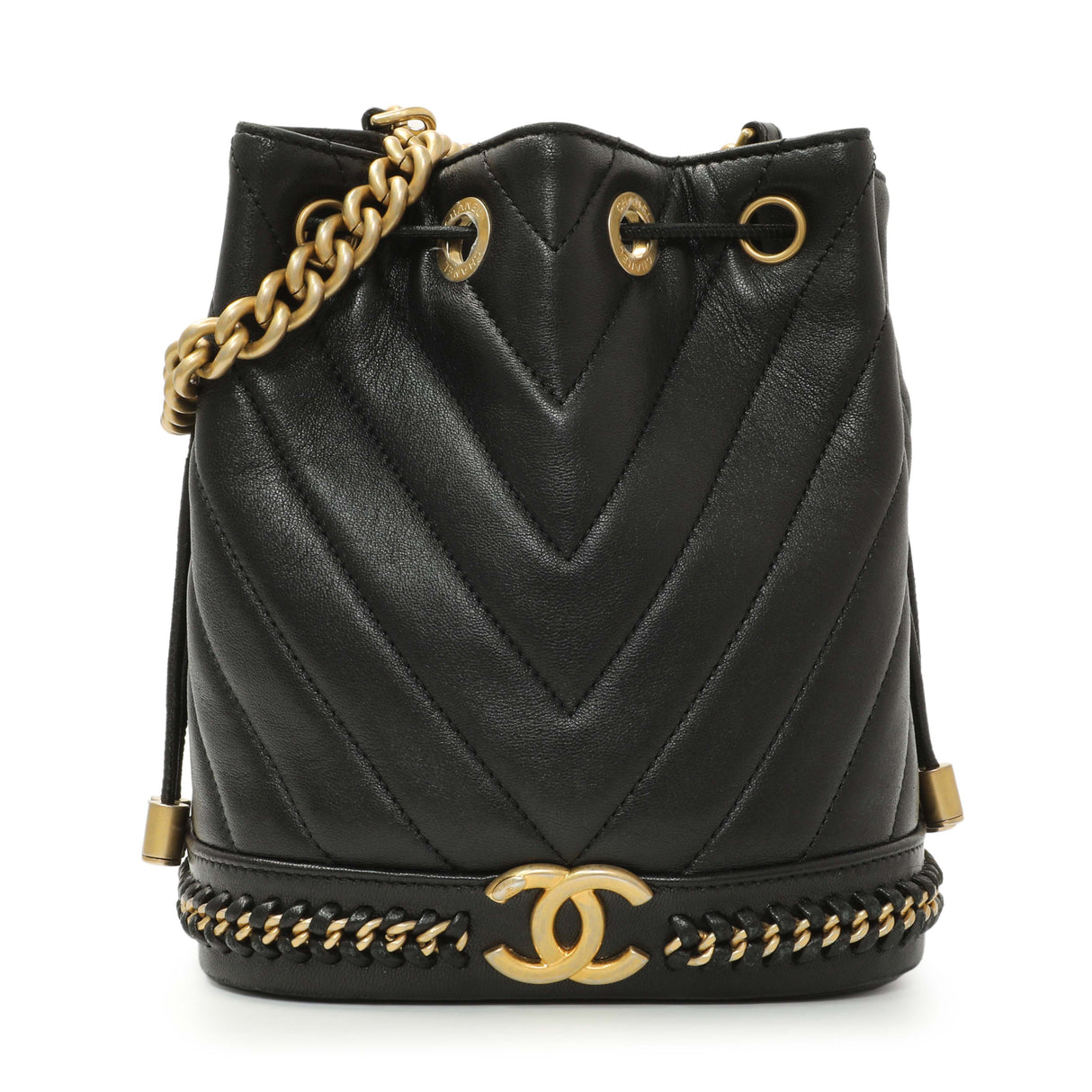 Chanel Black Sheepskin Chevron Quilted Drawstring Bag Handbags Chanel