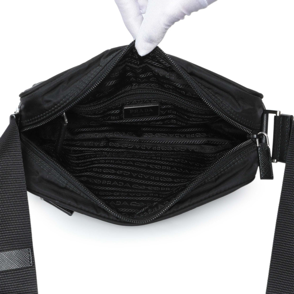 Prada Black Re-Nylon Vela Saffiano Pocket Double Zip Shoulder Bag Handbags Prada