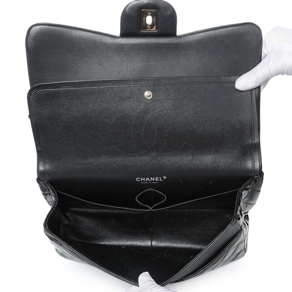 Chanel Black Quilted Patent Jumbo Double Flap Handbags Chanel