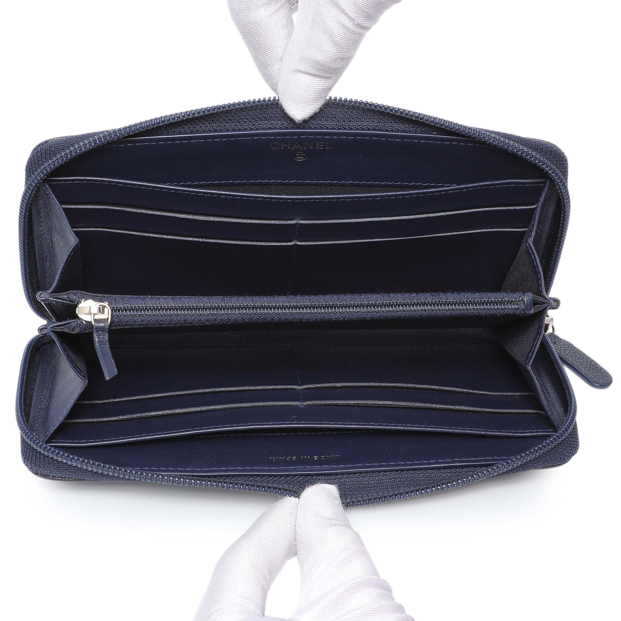 Chanel Navy Chevron Quilted Caviar Boy Long Zip Around Wallet Accessories Chanel