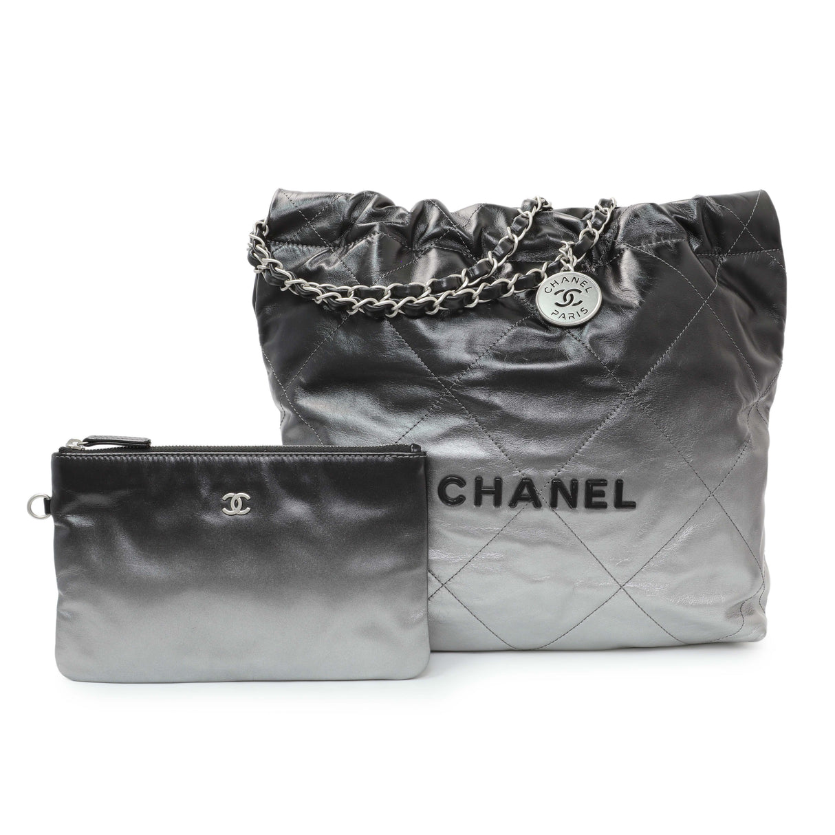 Chanel Black Silver Metallic Shaded Quilted Shiny Calfskin Small Chanel 22 Handbags Chanel