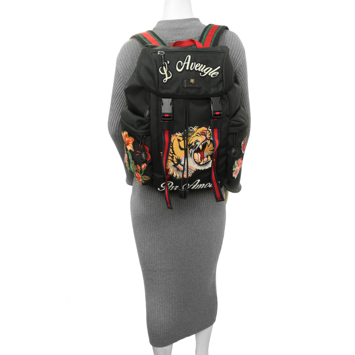 Gucci Techno Canvas Web L'Aveugle Par Amour Embroidered Double Buckle Backpack Handbags Gucci