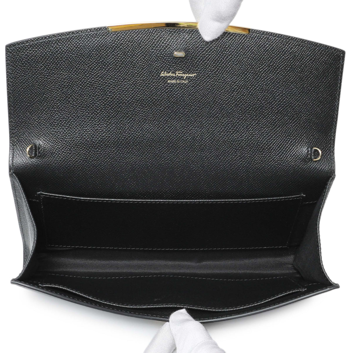 Salvatore Ferragamo Black Grained Calfskin Gancio Clasp Chain Clutch Handbags Salvatore Ferragamo