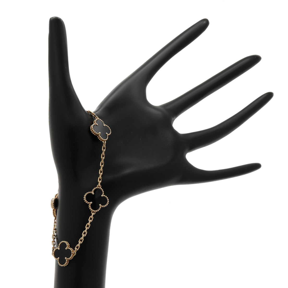 Van Cleef & Arpels 18K Yellow Gold Onyx Vintage Alhambra 5 Motif Bracelet
