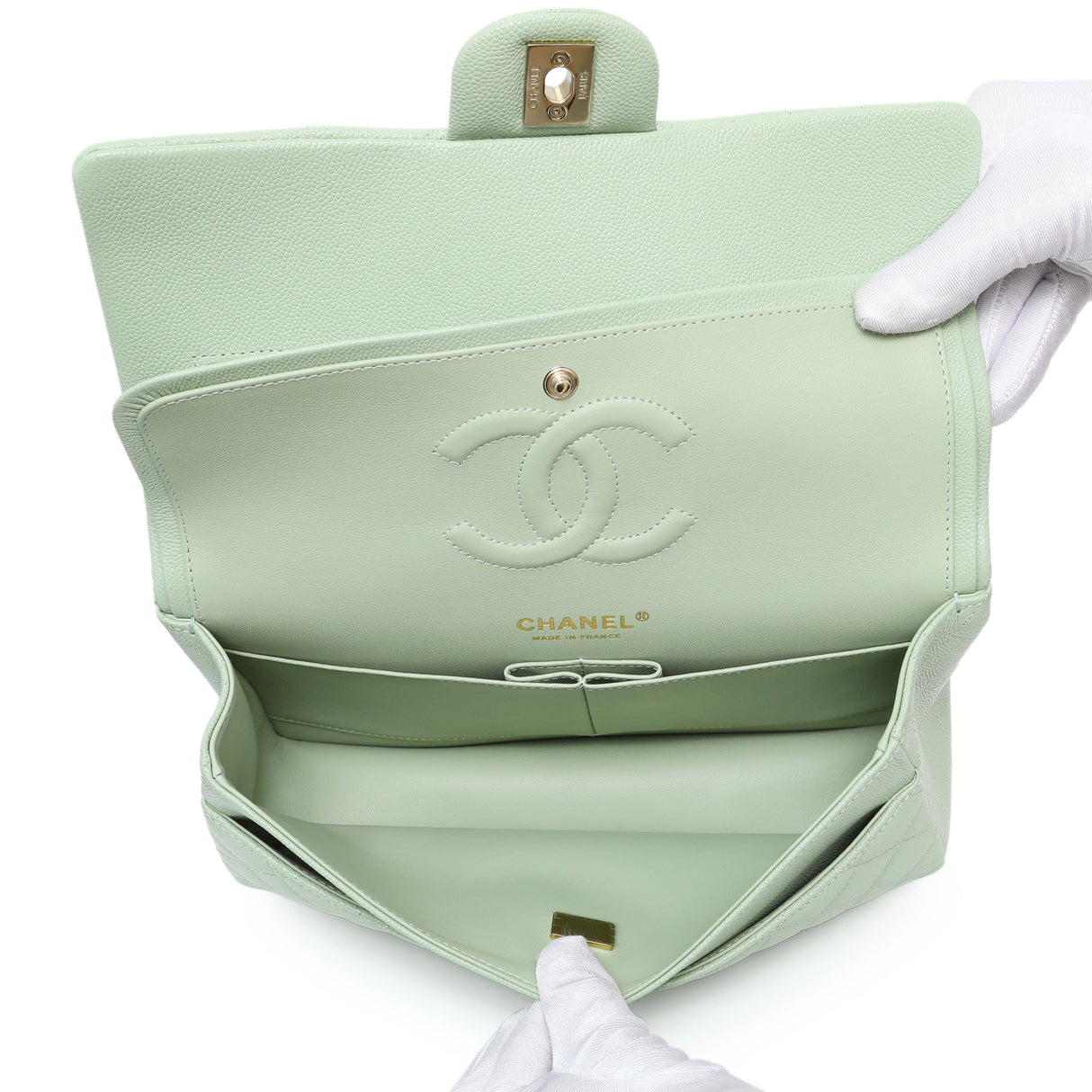 Chanel Light Mint Green Caviar Medium Classic Double Flap Handbags Chanel