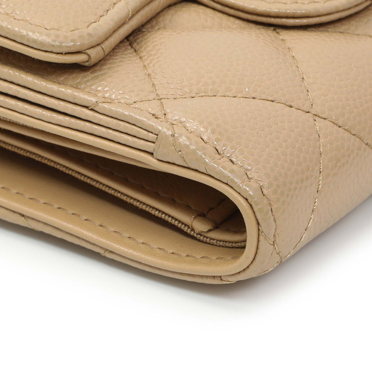 Chanel Beige Quilted Caviar Tri-Fold Wallet Accessories Chanel