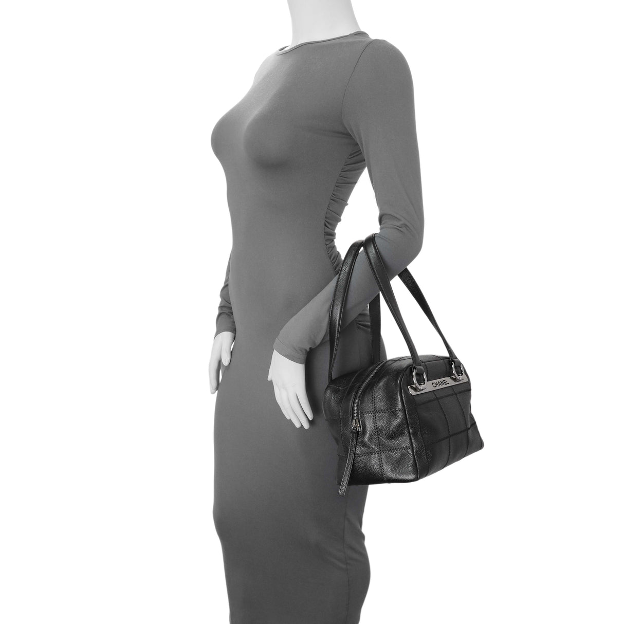 Chanel Vintage Black Caviar Square Quilted Stitched Bowler Bag Handbags Chanel