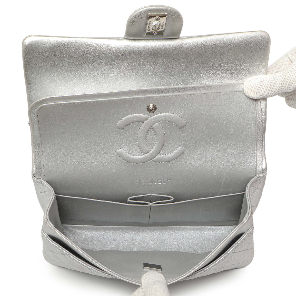 Chanel Silver Quilted Calfskin Medium Classic Double Flap Handbags Chanel