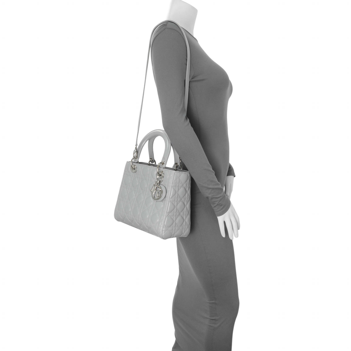 Christian Dior Grey Lambskin Cannage Medium Lady Dior Handbags Christian Dior