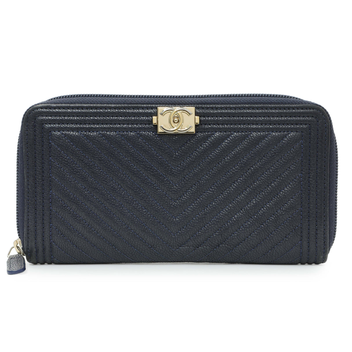 Chanel Navy Chevron Quilted Caviar Boy Long Zip Around Wallet Accessories Chanel