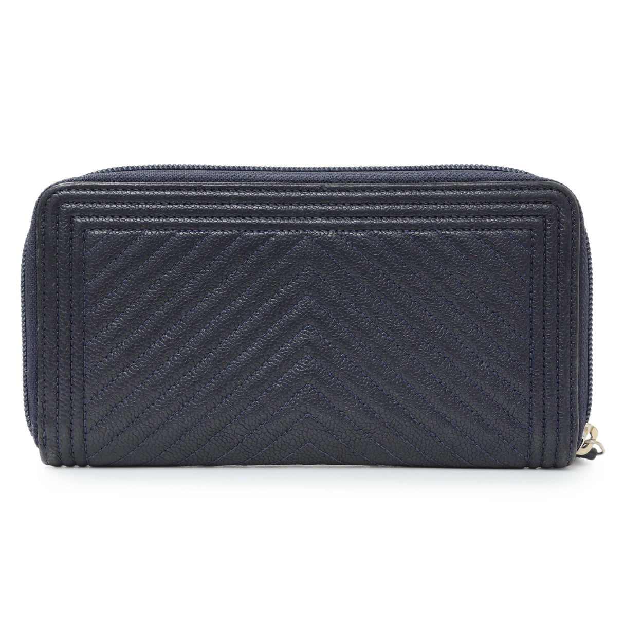 Chanel Navy Chevron Quilted Caviar Boy Long Zip Around Wallet Accessories Chanel