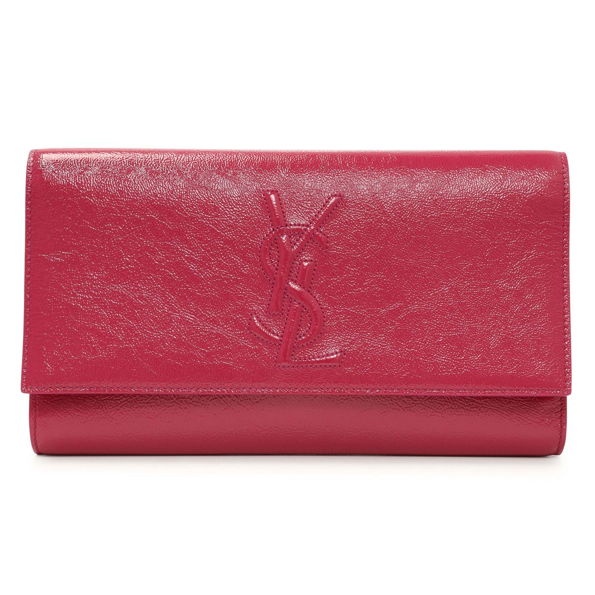 Saint Laurent Fuchsia Textured Patent Monogram Large Belle De Jour Clutch Handbags Saint Laurent