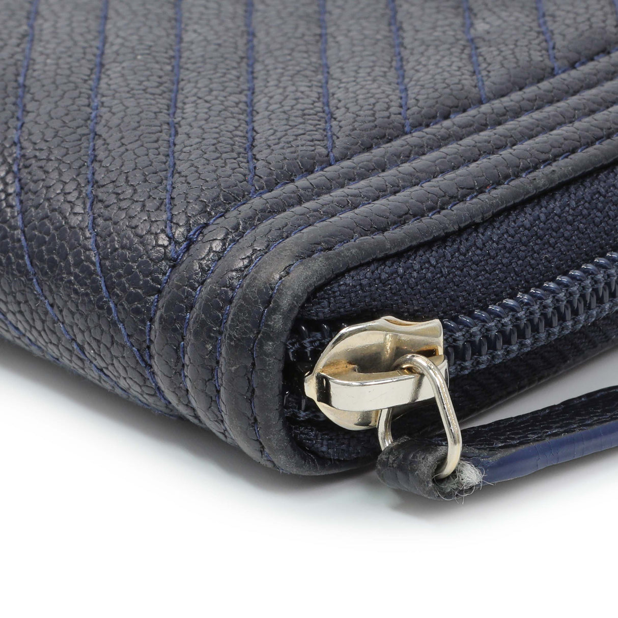 Chanel Navy Chevron Quilted Caviar Boy Long Zip Around Wallet Accessories Chanel