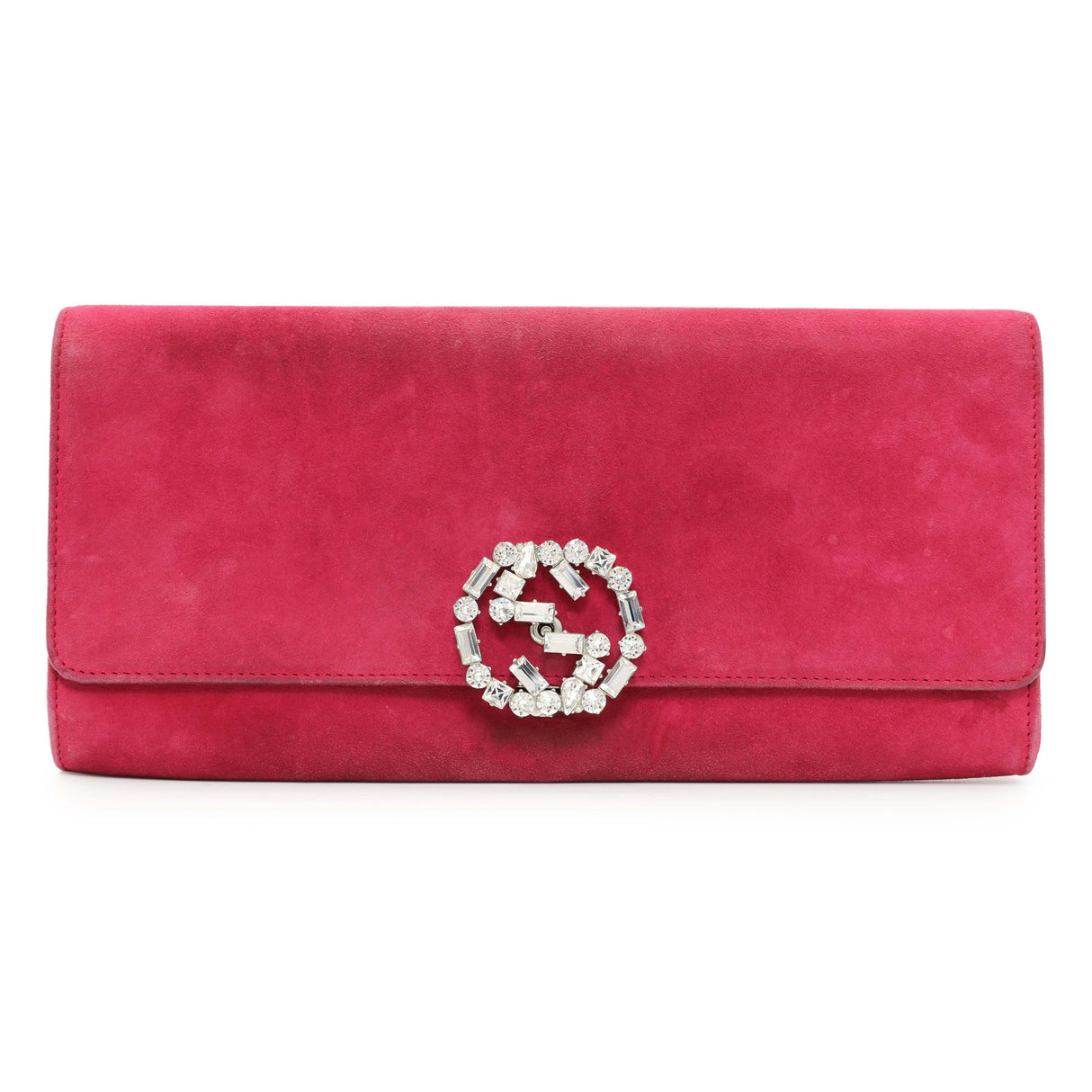 Gucci Pink Suede Crystal Interlocking Clutch Handbags Gucci