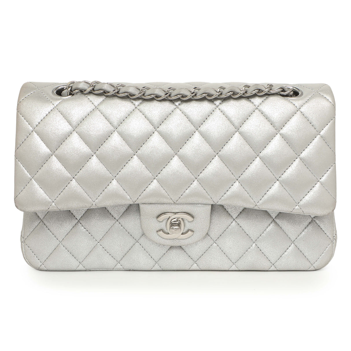 Chanel Silver Quilted Calfskin Medium Classic Double Flap Handbags Chanel