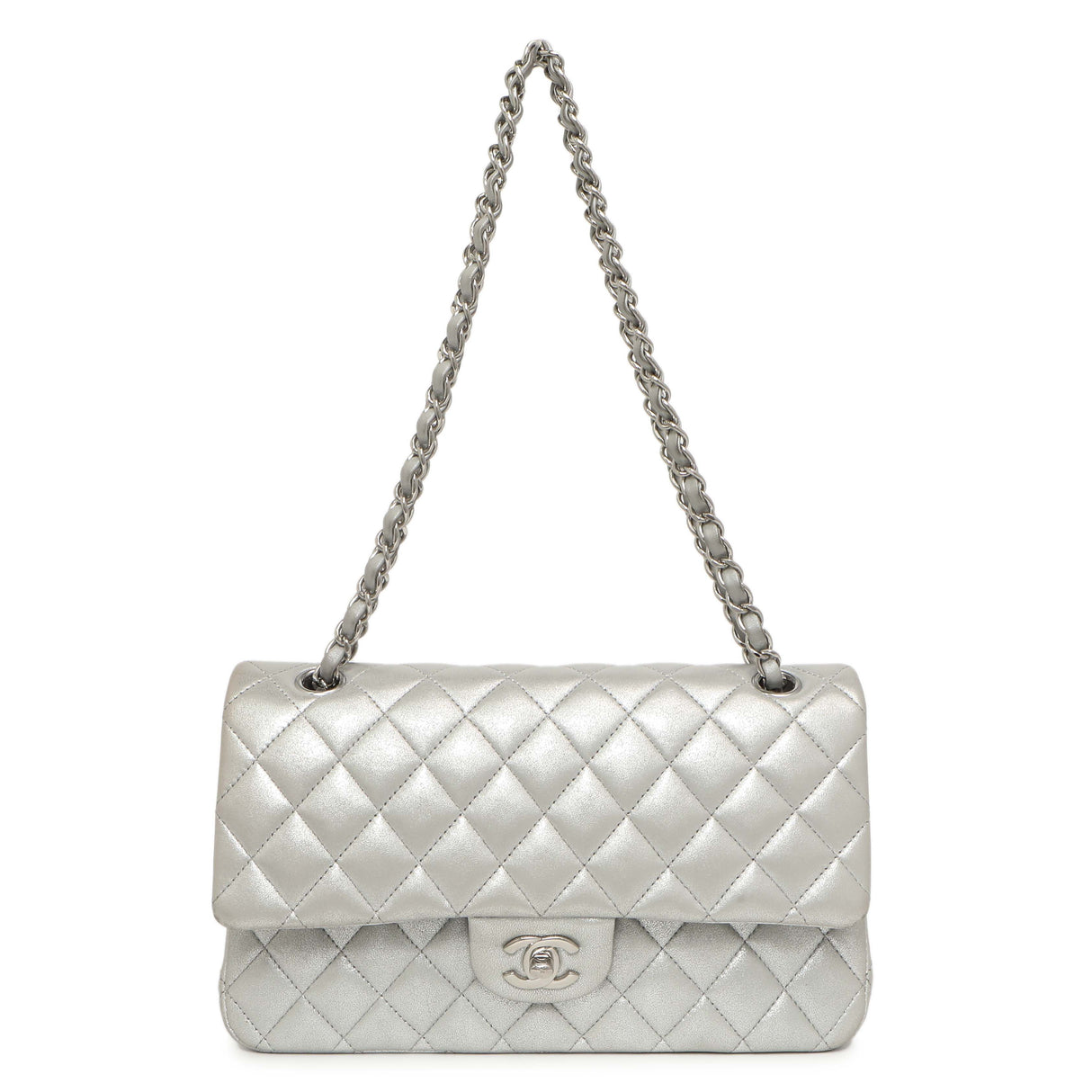 Chanel Silver Quilted Calfskin Medium Classic Double Flap Handbags Chanel