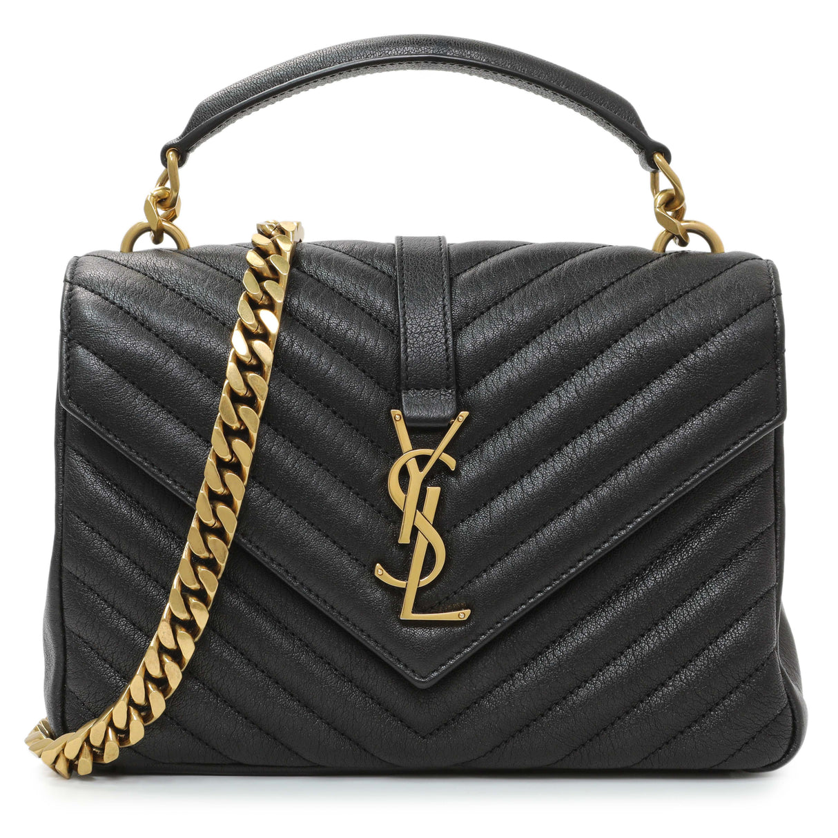 Saint Laurent Black Sheepskin Matelasse Chevron Monogram Medium College Bag