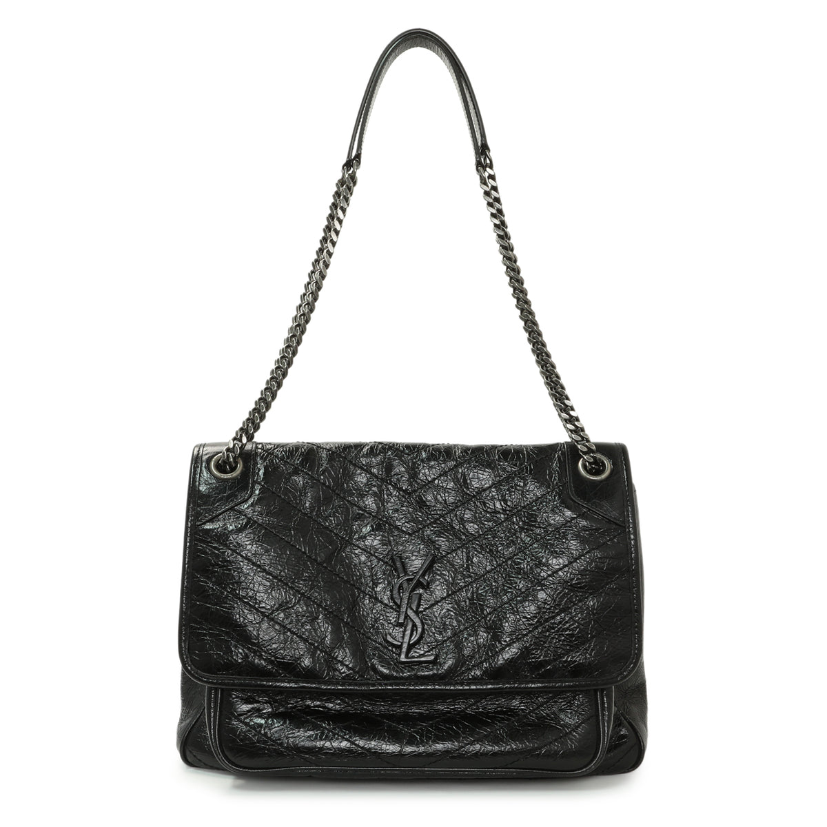 Saint Laurent Black Crinkled Calfskin Matelasse Monogram Large Niki Chain Satchel Handbags Saint Laurent