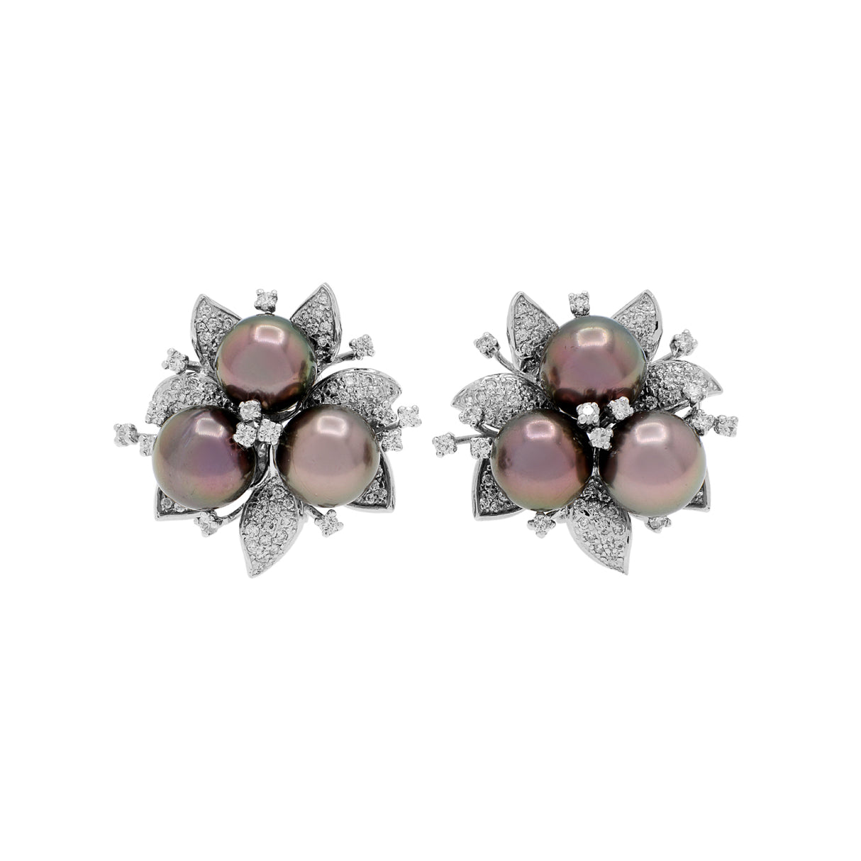 18K White Gold Trefoil Cluster Tahitian Pearl Floral Earrings Fine Jewellery Modaselle