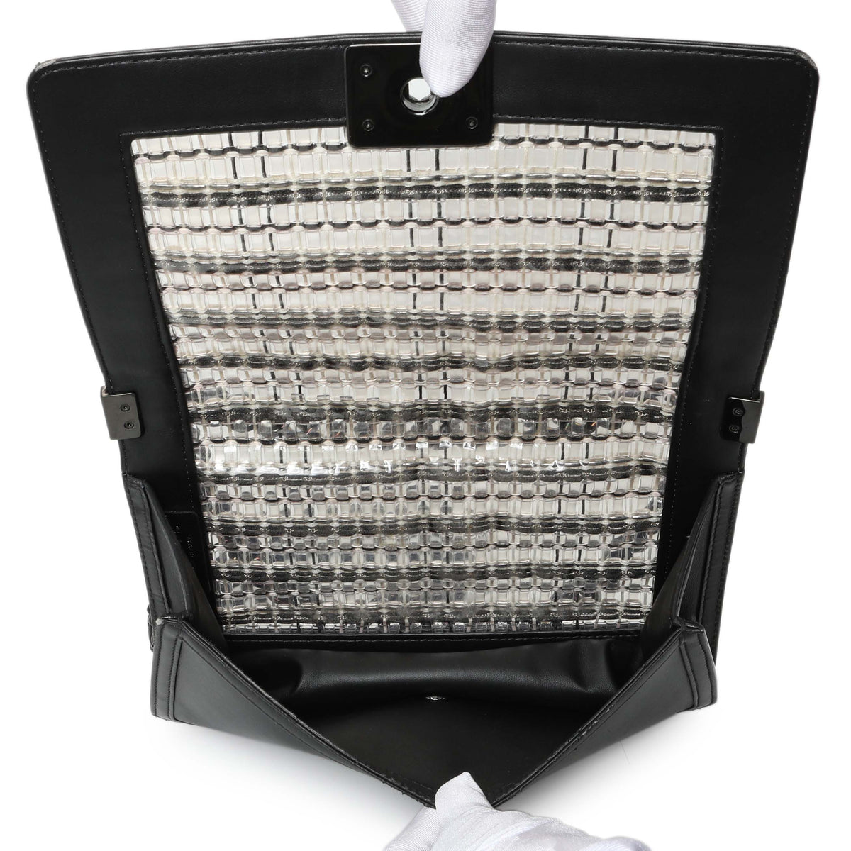 Chanel Black Calfskin Woven PVC Medium Boy Flap