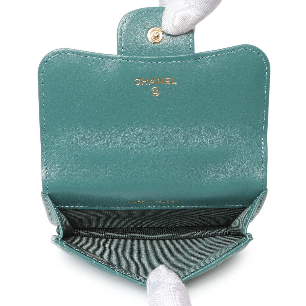 Chanel Teal Lambskin Top Handle Flap Coin Purse With Chain