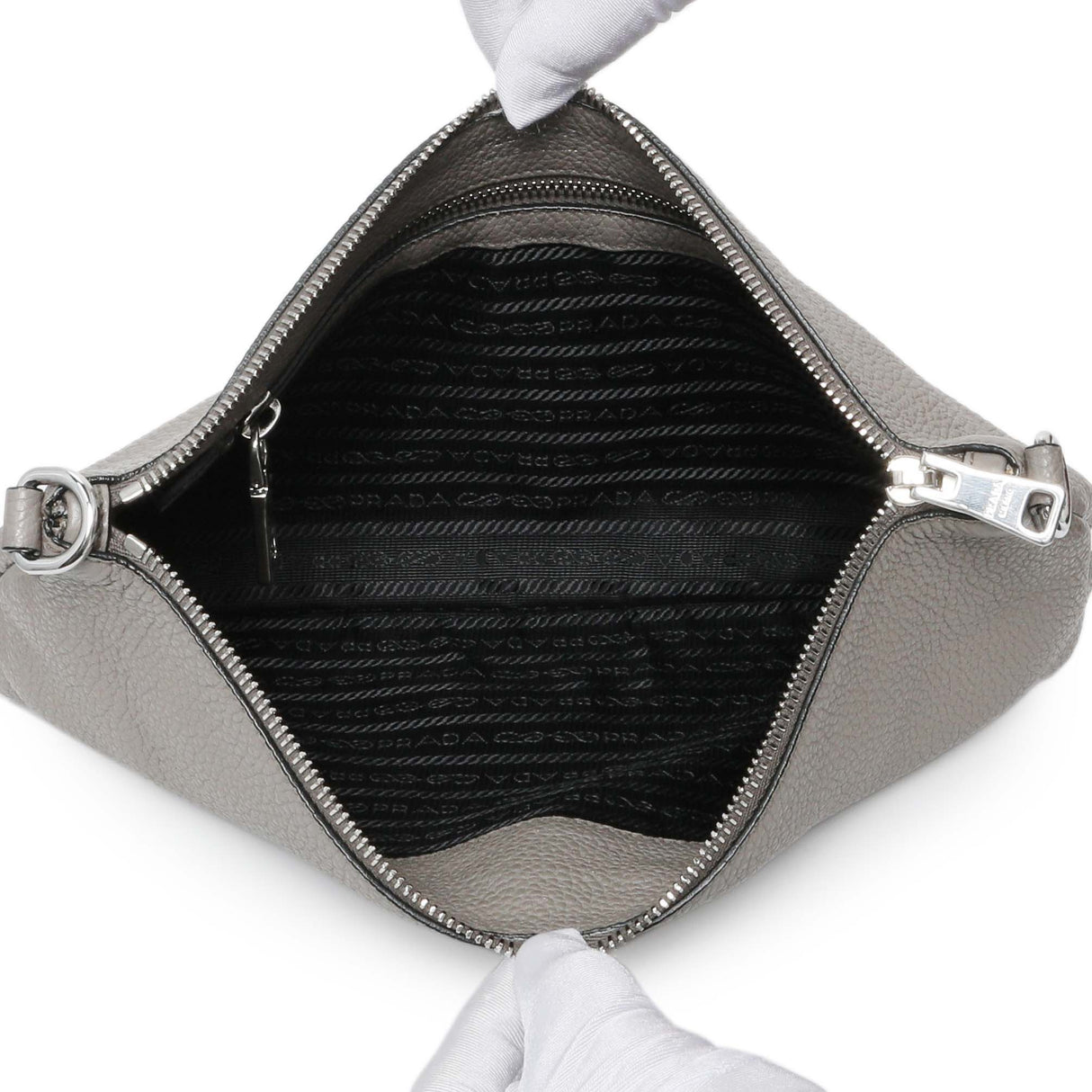 Prada Grey Vitello Daino Soft Zippered Shoulder Bag