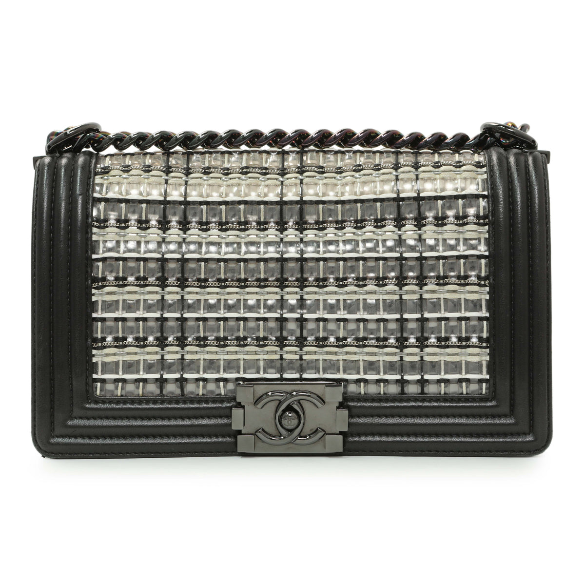 Chanel Black Calfskin Woven PVC Medium Boy Flap