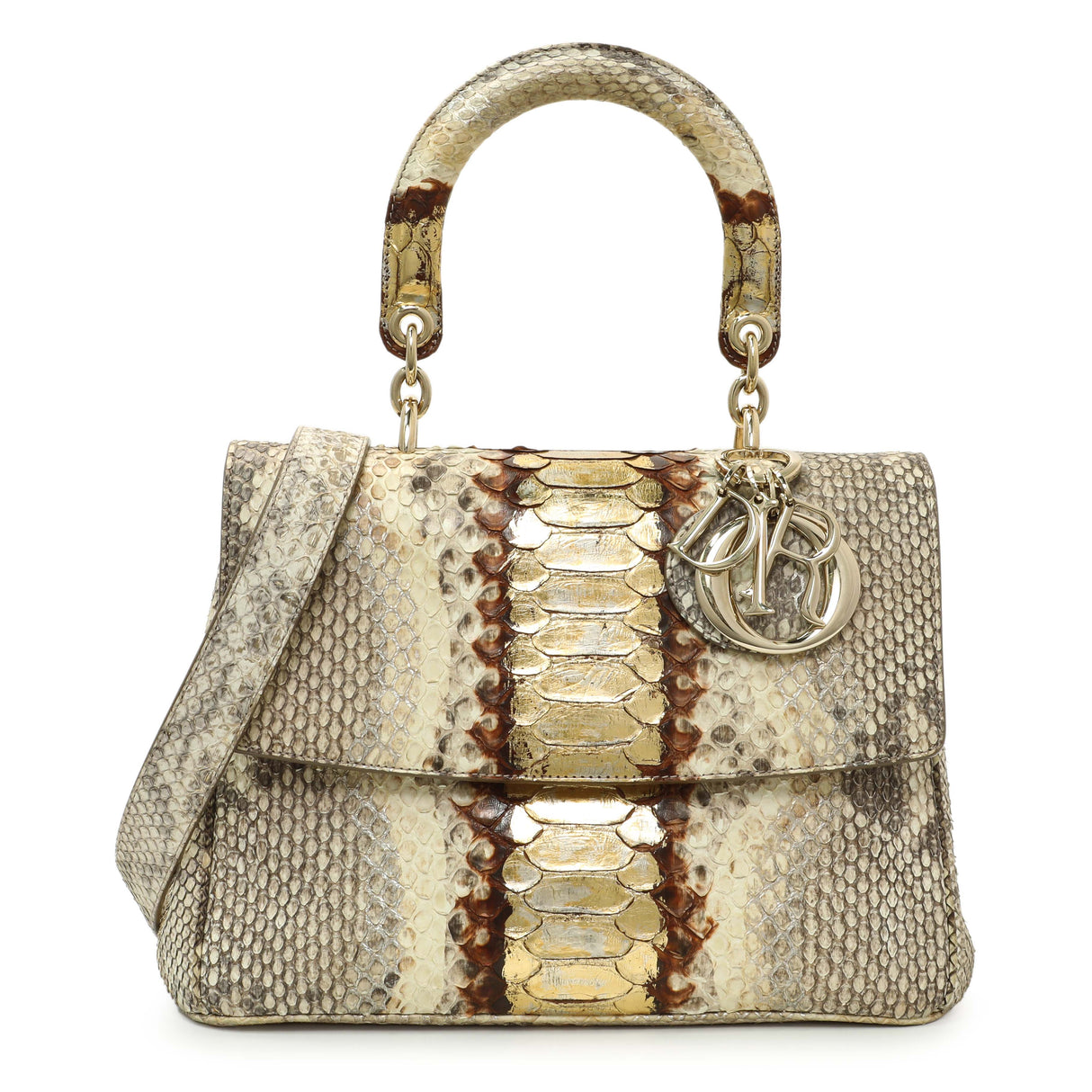 Christian Dior Beige Gold Metallic Python Small Be Dior Flap Handbags Christian Dior