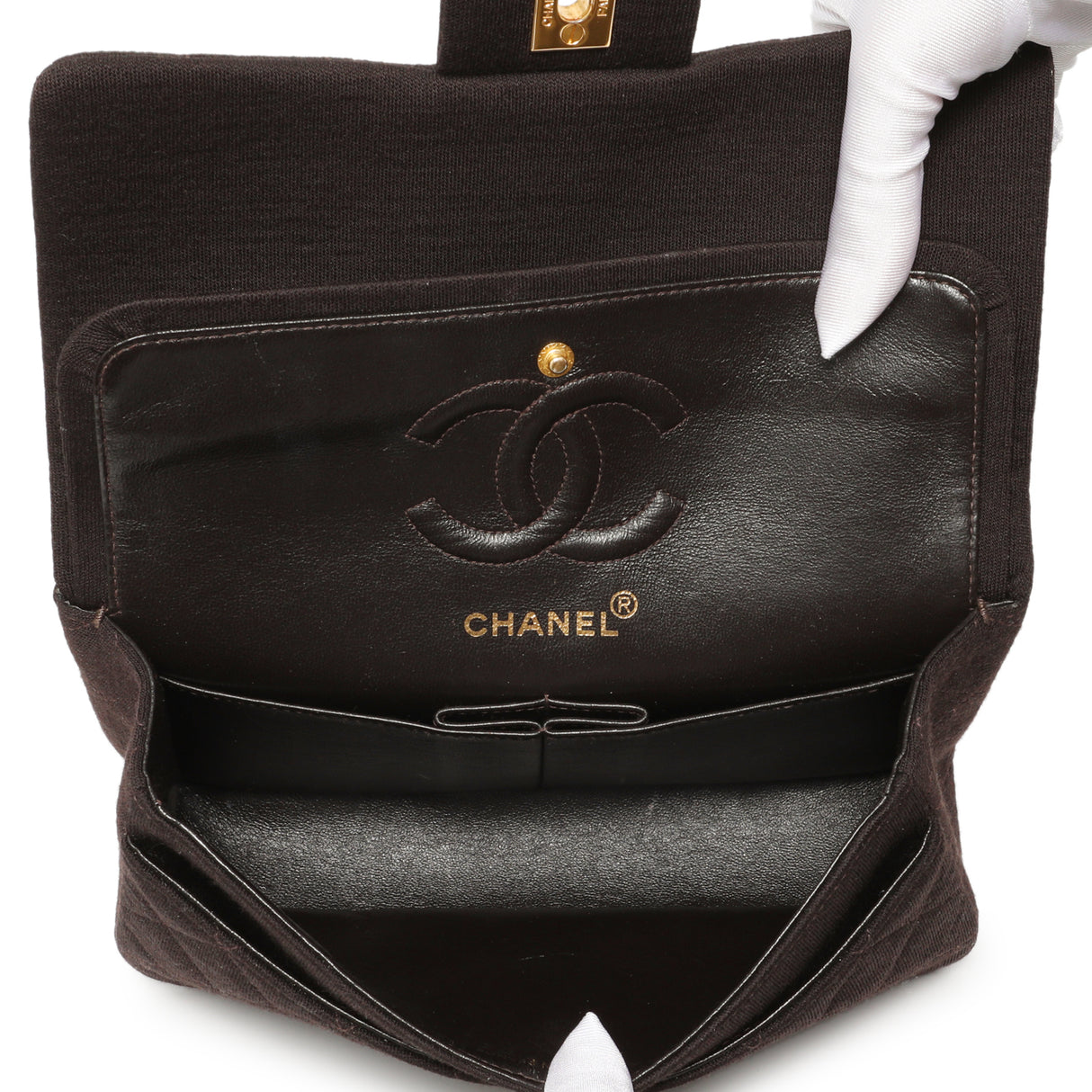 Chanel Brown Quilted Jersey Small Double Flap Handbags Chanel