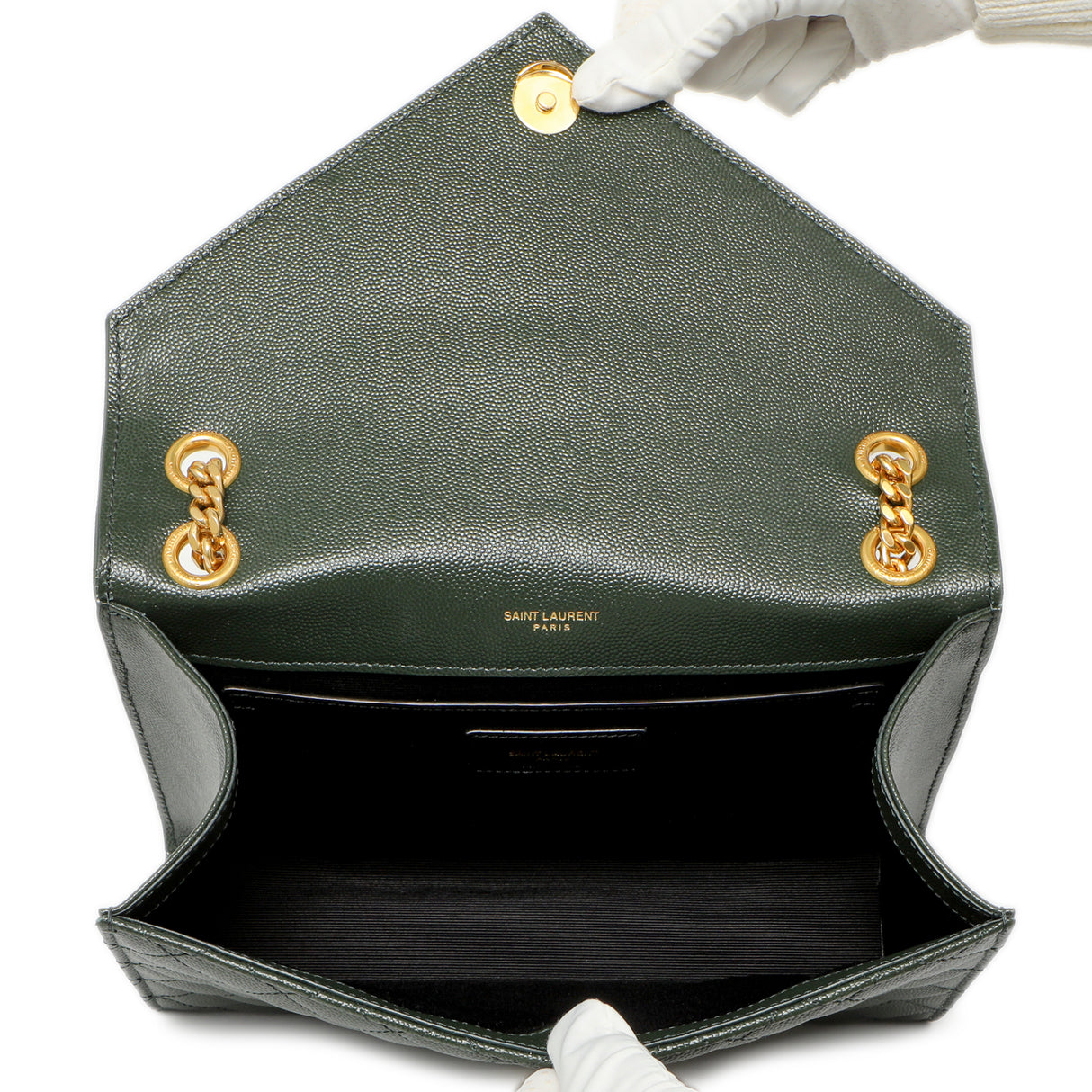 Saint Laurent Green Grain De Poudre Matelasse Chevron Medium Triquilt Monogram Satchel Handbags Saint Laurent