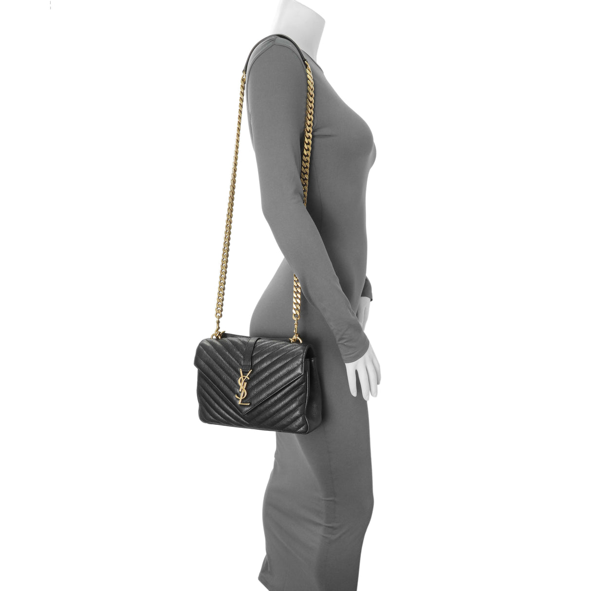 Saint Laurent Black Sheepskin Matelasse Chevron Monogram Medium College Bag