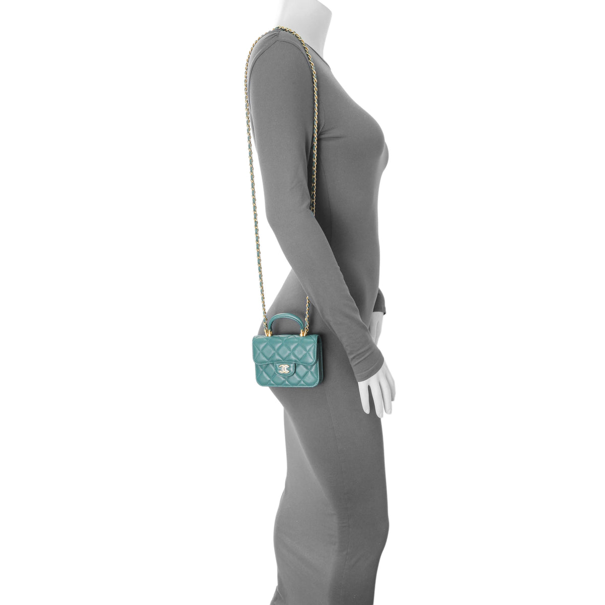 Chanel Teal Lambskin Top Handle Flap Coin Purse With Chain Handbags Chanel