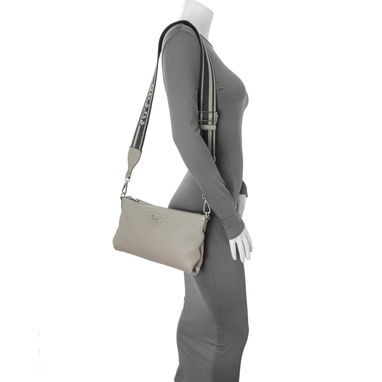 Prada Grey Vitello Daino Soft Zippered Shoulder Bag