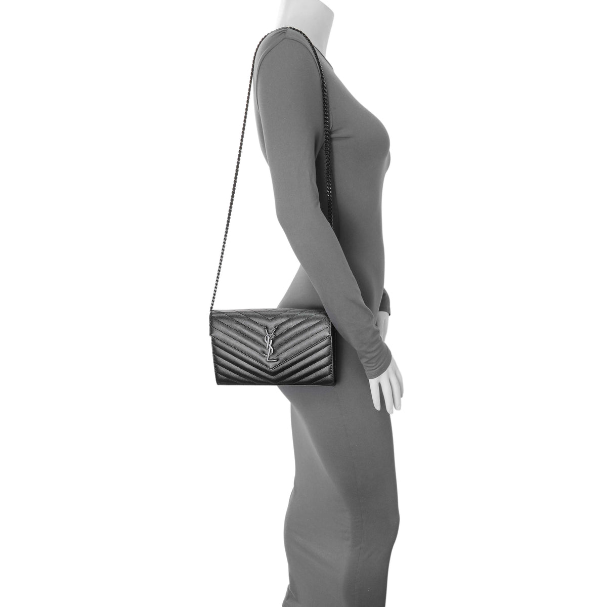 Saint Laurent Black Grain De Poudre Matelasse Chevron Monogram Chain Wallet Handbags Saint Laurent
