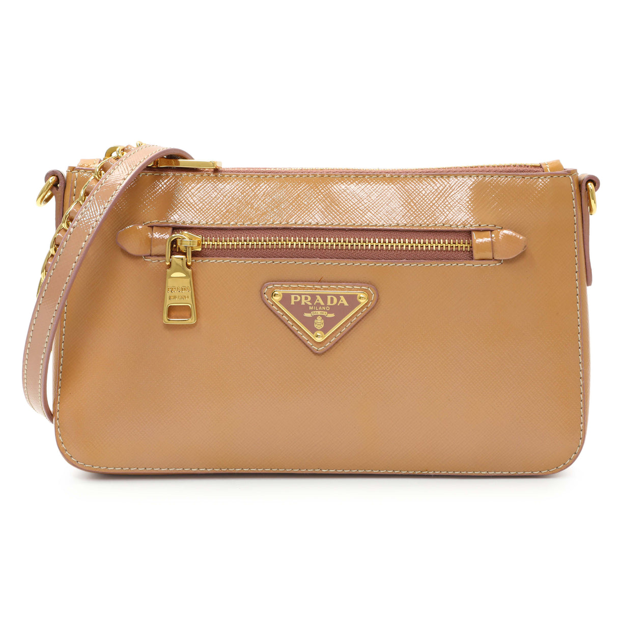 Prada Caramel Saffiano Vernice Zip Pouch
