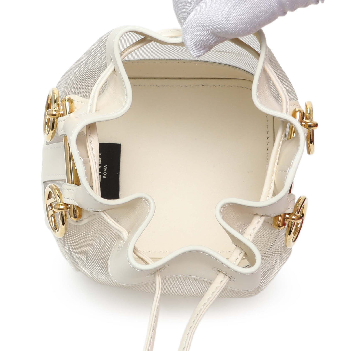 Fendi Sabbia White Ice Mesh Vitello King F is Fendi Logo Embroidered Mini Mon Tresor Bucket Bag