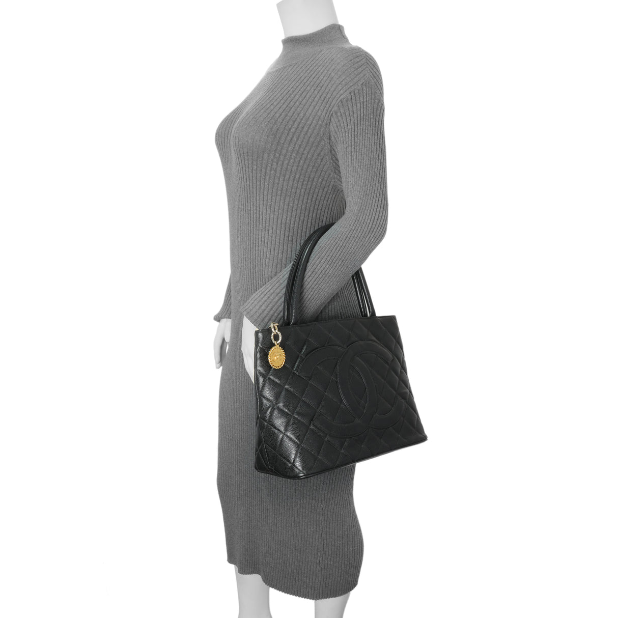 Chanel Black Quilted Caviar Medallion Tote Handbags Chanel