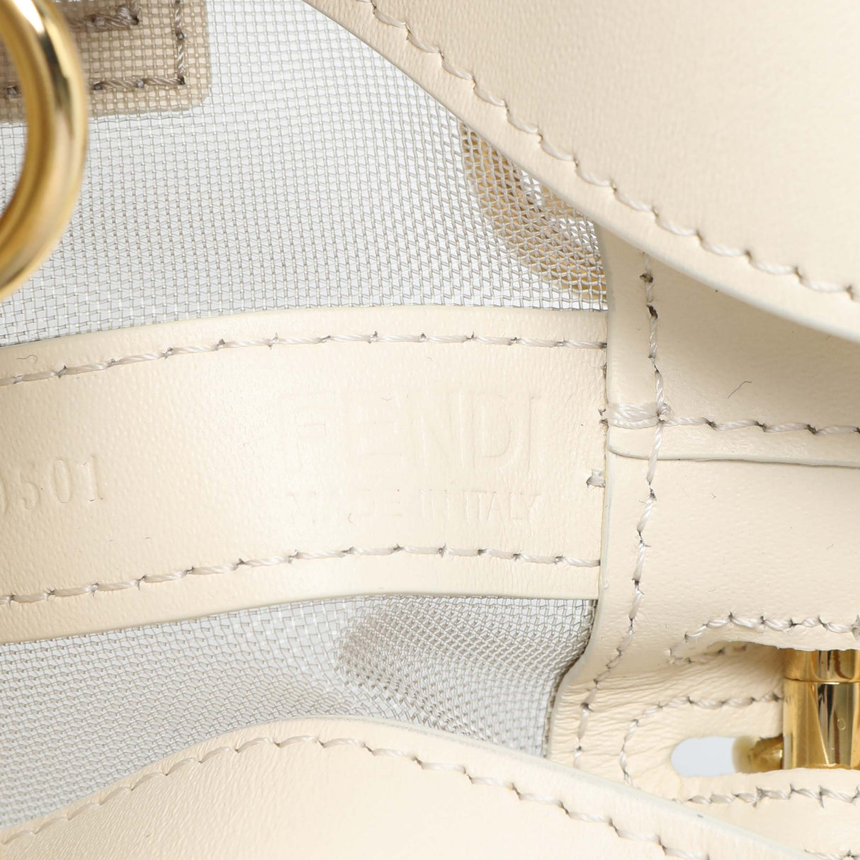 Fendi Sabbia White Ice Mesh Vitello King F is Fendi Logo Embroidered Mini Mon Tresor Bucket Bag